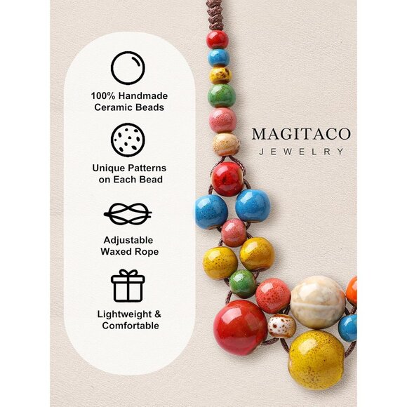 Chunky Boho Statement Necklace for Women - Handmade Colorful Ceramic Beaded Hipp - Picture 2 of 6